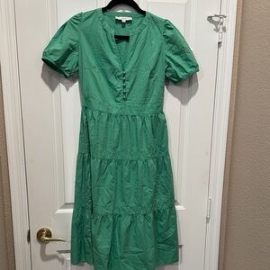 LOFT Green 200% Cotton Tiered Midi Dress